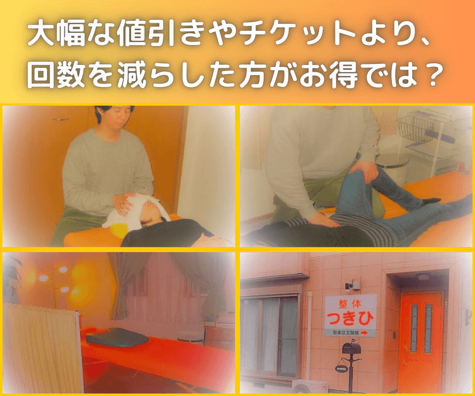 近江八幡市の全身整体つきひ　メインビジュアル「大幅な値引きやチケットより、回数を減らした方がお得では？」