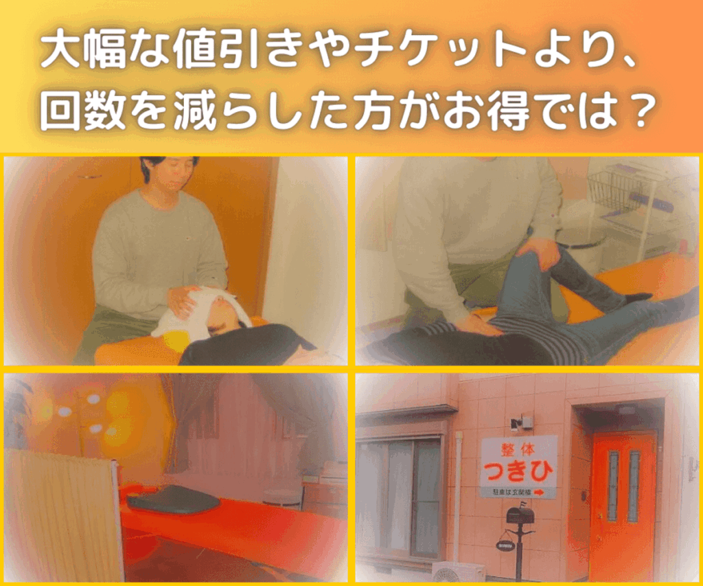 近江八幡市の全身整体つきひ　メインビジュアル「大幅な値引きやチケットより、回数を減らした方がお得では？」